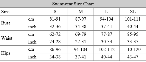 Praver Swimwear Size Chart